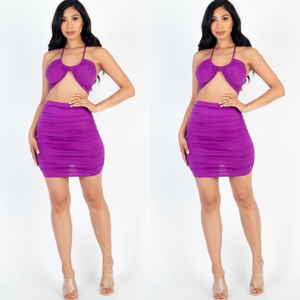 Women’s Purple Crisscross Halter Top & Ruched Mini Skirt Set